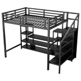 Full Size Loft Bed with LED Light & TV Table, Adults Loft Beds with Charging Station & Storage Bookcase, Wardrobe, Heavy-Duty Metal Lofts Frame with Stairs for Kids, Teens & Youth Dorms, Black Mirightone