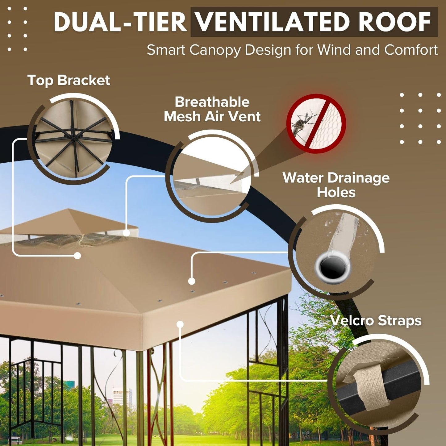 Flexzion 10'x10' Gazebo Replacement Canopy Top Cover (Beige) - Dual Tier with Plain Edge Polyester UV30 Water Resistant for Outdoor Garden Patio Pavilion Sun Shade