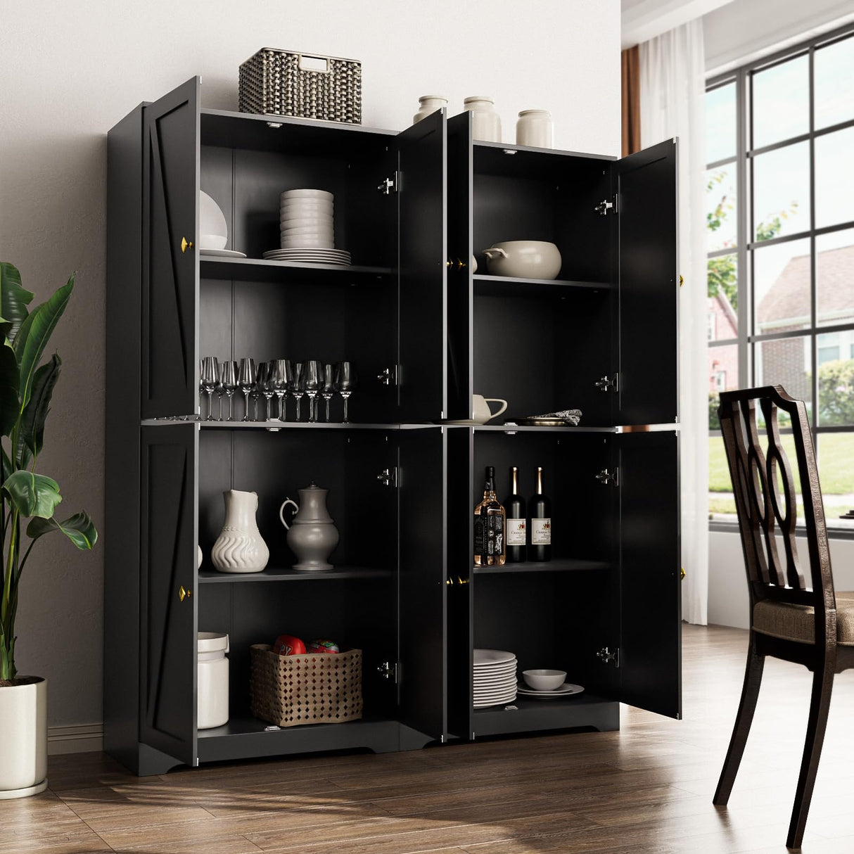LYNSOM Farmhouse Pantry Cabinet, Kitchen Pantry Storage Cabinet with Barn Doors, 72" Tall Kitchen Pantry with Adjustable Shelves, Black Storage Cabinet for Kitchen, Dining Room, Black LYNSOM