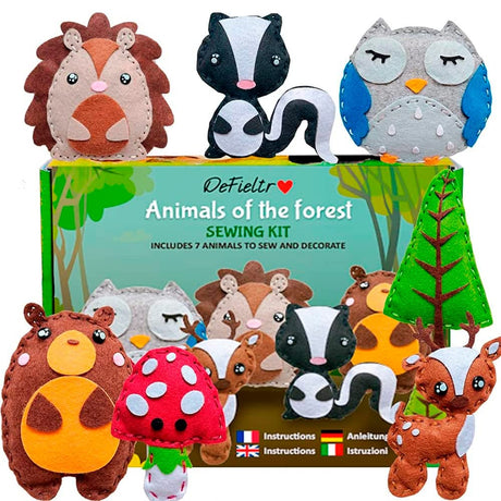 DeFieltro Sewing Kit for Kids Forest Animals Creative & EDUCACIONAL - Beautiful Complete Sewing Craft Kit with Easy-Perforation Felt for Kids - Beginners Sewing Kit for Hours of Fun Ages 8-12 DeFieltro