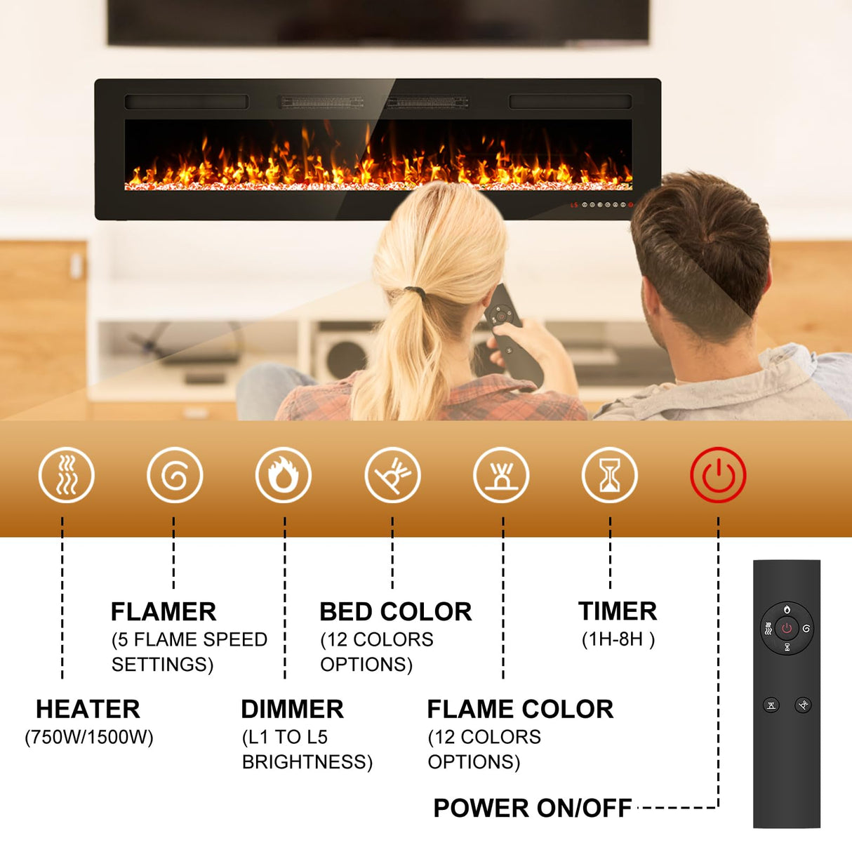 Eueiriup 72” Recessed and Wall Mounted Fire Places Electric Fireplace with Remote Control, Toucn Screen Eueiriup