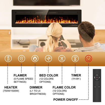 Eueiriup 72” Recessed and Wall Mounted Fire Places Electric Fireplace with Remote Control, Toucn Screen