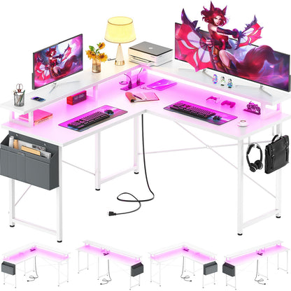 armocity L Shaped Computer Desk with Power Outlets, Gaming Desk L Shaped with LED Lights, Corner Desk with Storage Shelves, Work Study Desk for Bedroom, Home Office Small Spaces, 47'', White - WoodArtSupply