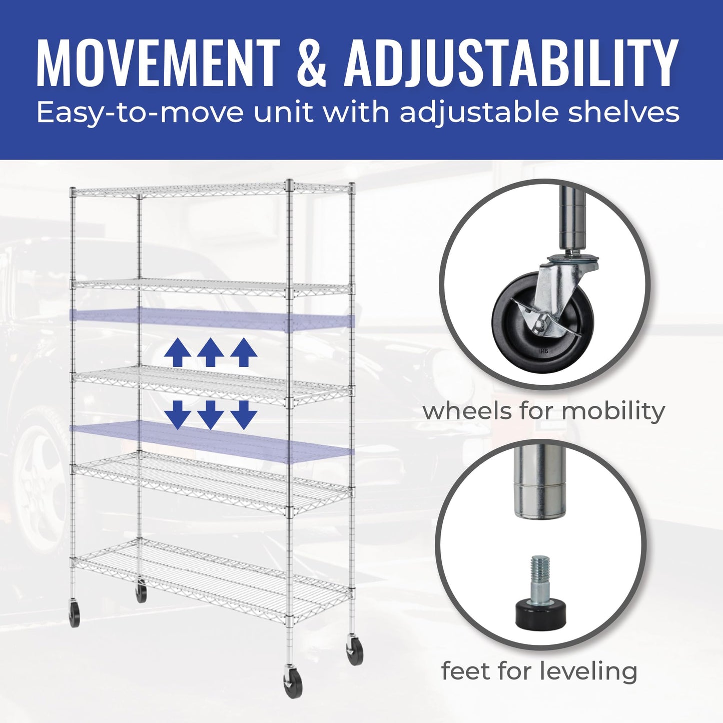 SafeRacks NSF Certified Storage Shelves, Zinc, Heavy Duty Steel Wire Shelving Unit with Wheels and Adjustable Feet, Garage or Bakers Rack Kitchen Shelving, Pantry Shelf - (18"x48"x72" 5-Tier)