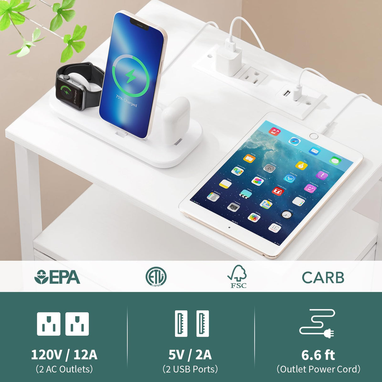 Yoobure White Night Stand with Charging Station, LED Nightstand for Bedroom, Bedside Tables with Adjustable Fabric Drawer, 3-Tier End Table Living Room, Small Side Table with Storage Yoobure