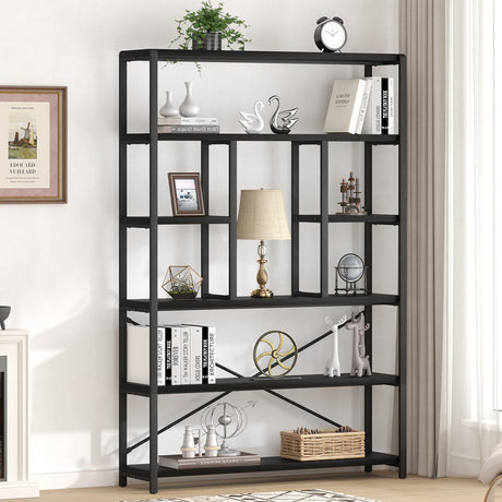 LVB 6 Tier Tall Black Bookshelf, Modern Large Wide Book Rack Storage, Industrial Wood Metal Etagere 6 Shelf Bookcase, Farmhouse Open Display Book Shelf Organizer for Bedroom Living Room Office, Black LVB
