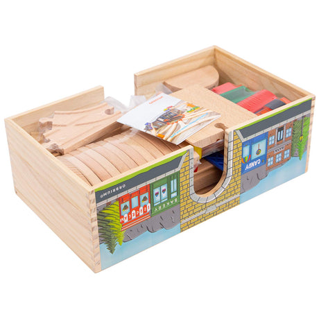 ORBRIUM 52 Pcs Deluxe Wooden Train Set with Wooden Storage Box Tunnel Compatible with Thomas, Brio, Melissa (Wooden Box - 52 Pcs Train Set) Orbrium