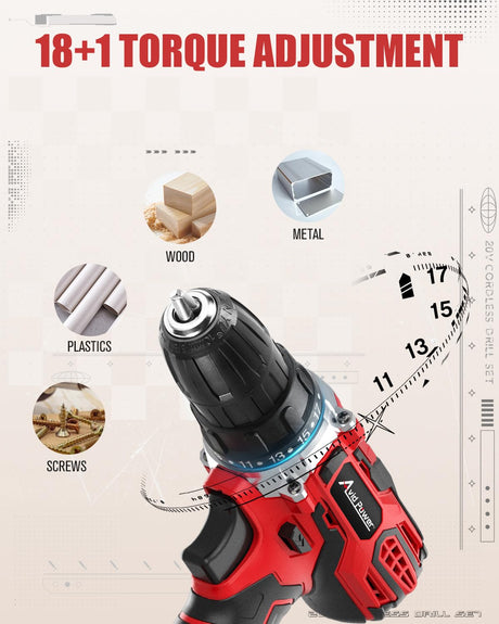 AVID POWER 20V MAX Power Drill Kit, Cordless Drill Set with Battery and Charger, 2 Variable Speed, 3/8-Inch Keyless Chuck, 19 Position and 22pcs Bits AVID POWER