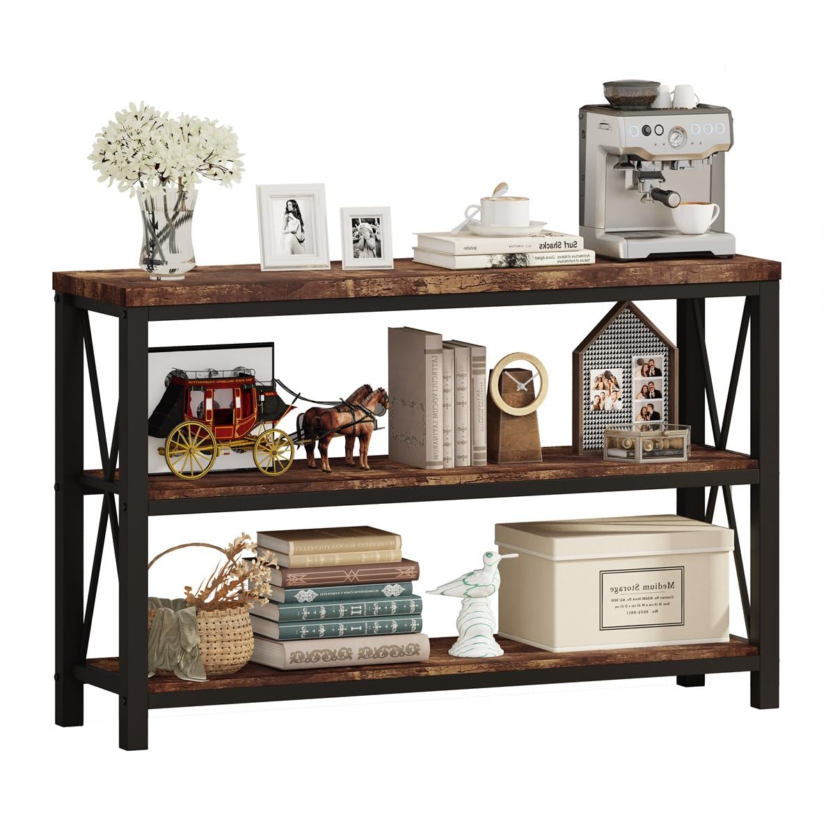 BON AUGURE Industrial Sofa Console Table for Entryway, 3 Tier Foyer Table for Hallway, Rustic Hall Tables Behind Couch (47 Inch, Rustic Brown) BON AUGURE