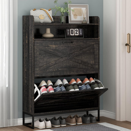 Auromie Shoe Cabinet, Freestanding Tipping Bucket Shoe Storage Cabinet with 2 Flip Drawers, Entryway Shoe Rack with Storage Top Cubby, Narrow Slim Hidden Shoe Organizer with Doors (Black Oak)