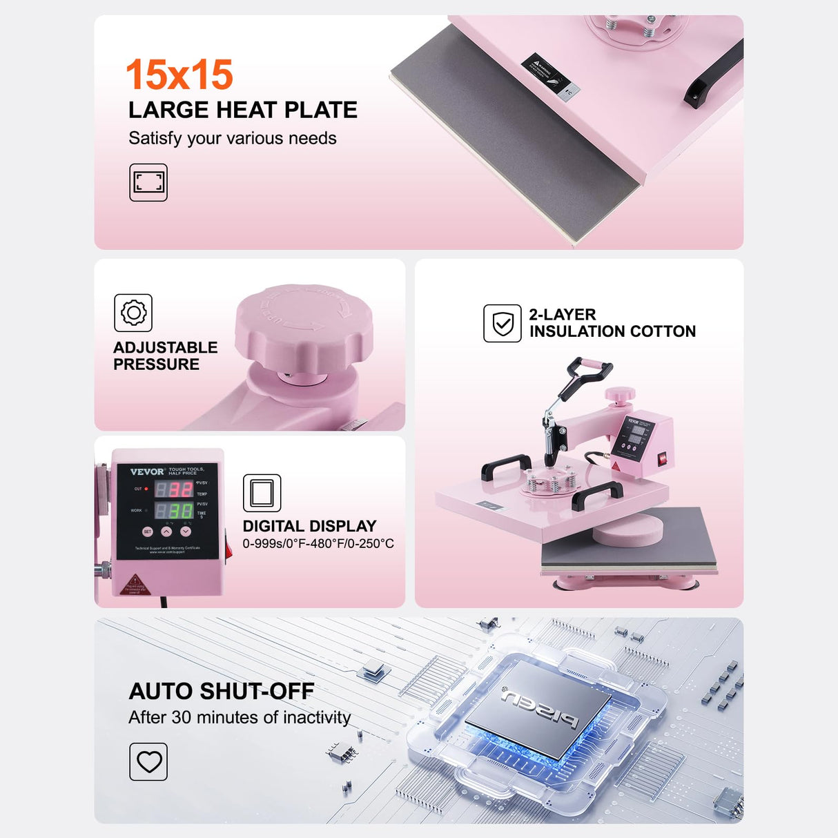 VEVOR 15x15 Heat Press Machine 8 in 1 Combo with 30 OZ Tumbler Press & Hat Press, Slide Out Heat Press Sublimation Machine for T-Shirts, Hats Caps Tumblers Glass Cans Mugs, and Plates (Light Pink) VEVOR