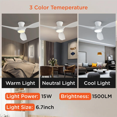 TALOYA 52 inch Ceiling Fans with Lights Remote Control, Modern Low Profile Ceiling Fan with Quiet Reversible DC Motor for Bedroom Living Room and Patio White TALOYA