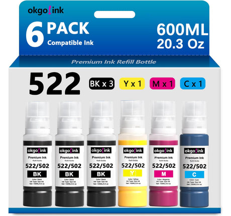 okgo 522 T522 Ink High Capacity Refill Bottles (20.3 Fl Oz) Replacement for Epson 502 Ink Use for EcoTank ET-2720 ET-2800 ET-2803 ET-2840 ET-4700 ET-4800 ET-4810 (6 Pack, 600ml) Black Color Combo OKGO!INK