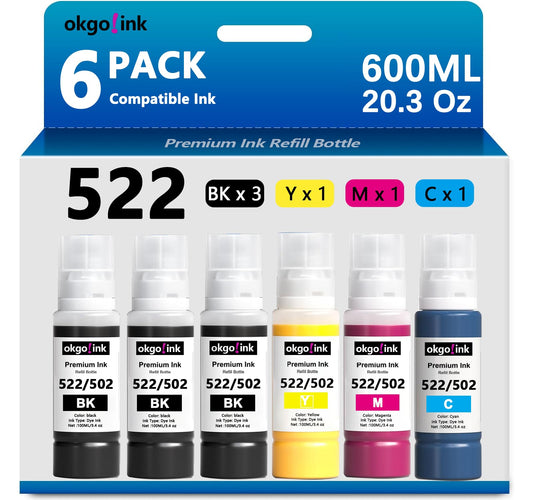 okgo 522 T522 Ink High Capacity Refill Bottles (20.3 Fl Oz) Replacement for Epson 502 Ink Use for EcoTank ET-2720 ET-2800 ET-2803 ET-2840 ET-4700 ET-4800 ET-4810 (6 Pack, 600ml) Black Color Combo