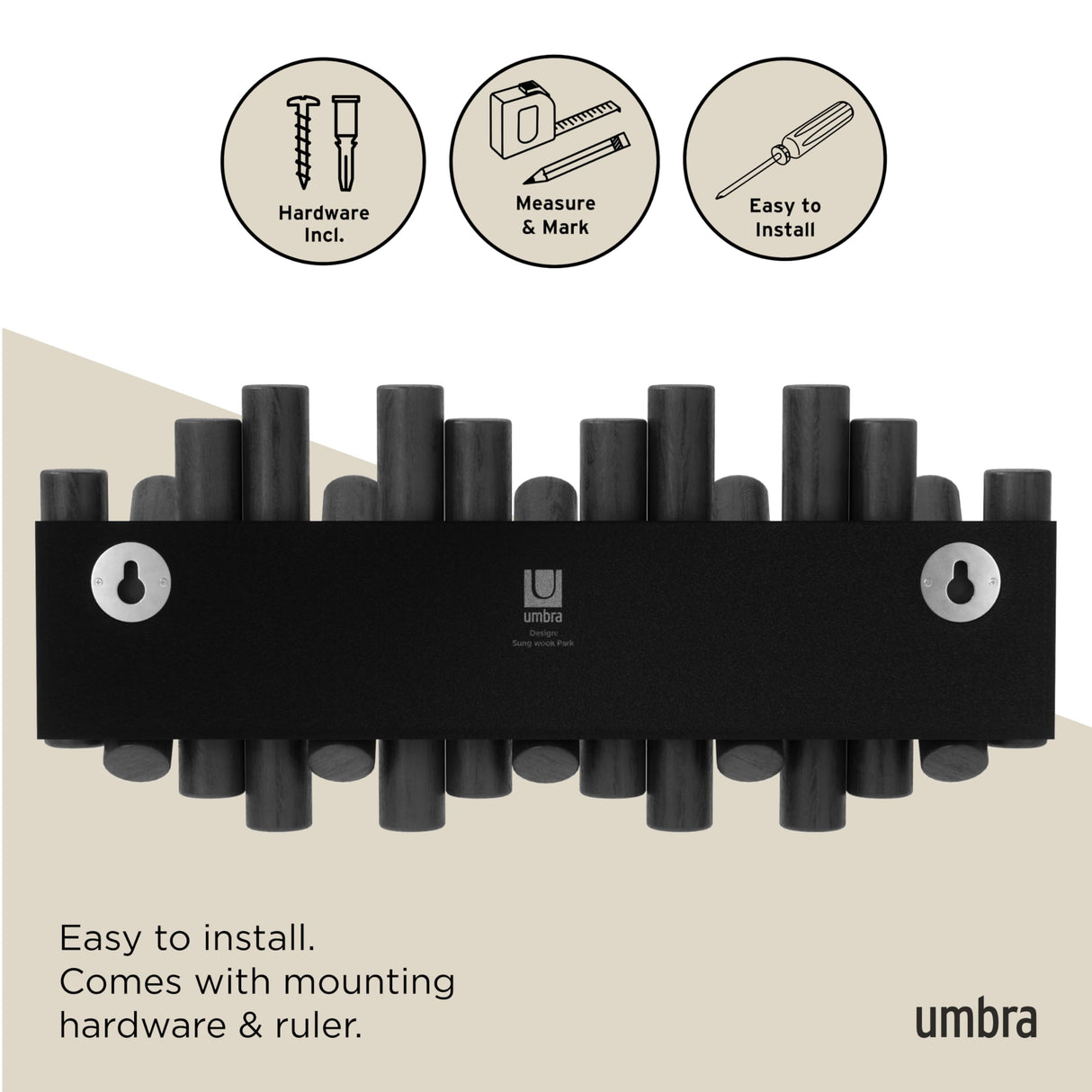 Umbra Picket Wall-Mounted Coat Rack Rail Hook with 5 Retractable Wood Pegs – Modern, Space-Saving Storage Organizer, Black Umbra