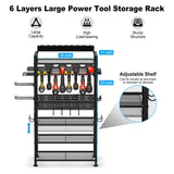 JUNNUJ Power Tool Organizer Floor Stand with Charging Station, Garage Adjustable Storage Rack Utility Tool Shelf with 8 Outlet 10 FT Power Strip, Heavy Duty Drill and Battery Holder JUNNUJ