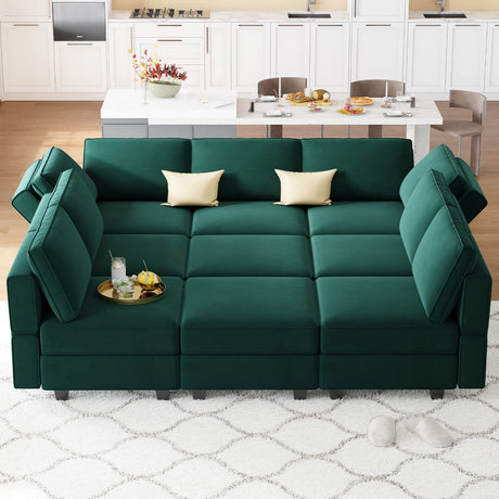 Belffin Modular Sectional Sofa with Ottomans Velvet Reversible Sleeper Sectional Sofa with Chaise Modular Sleeper Sofa Bed with Storage Seat Green Belffin