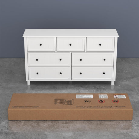 Farmhouse Dresser with 7 Drawers, White Dresser for Bedroom, Chest of Drawers, Modern Dresser for Closet, TV Stand with Large Drawers, Storage Dresser Organizer Clothes for Living Room, Hallway Gyfimoie
