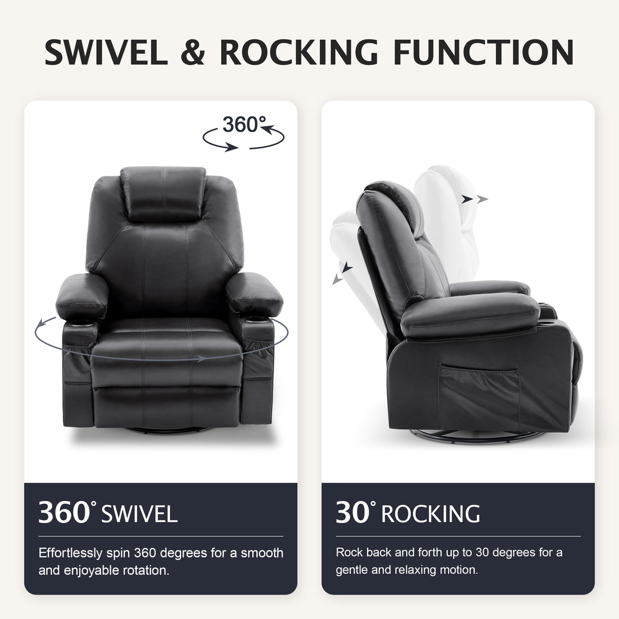 Reedvales Oversized Swivel Rocker Recliner Sofa Chair with Heat and Massage, Big Recliner Sofa Chair for Living Room, 360 Degree Swivel Single Sofa with Cup Holders and USB Port(Leather, Black) Reedvales