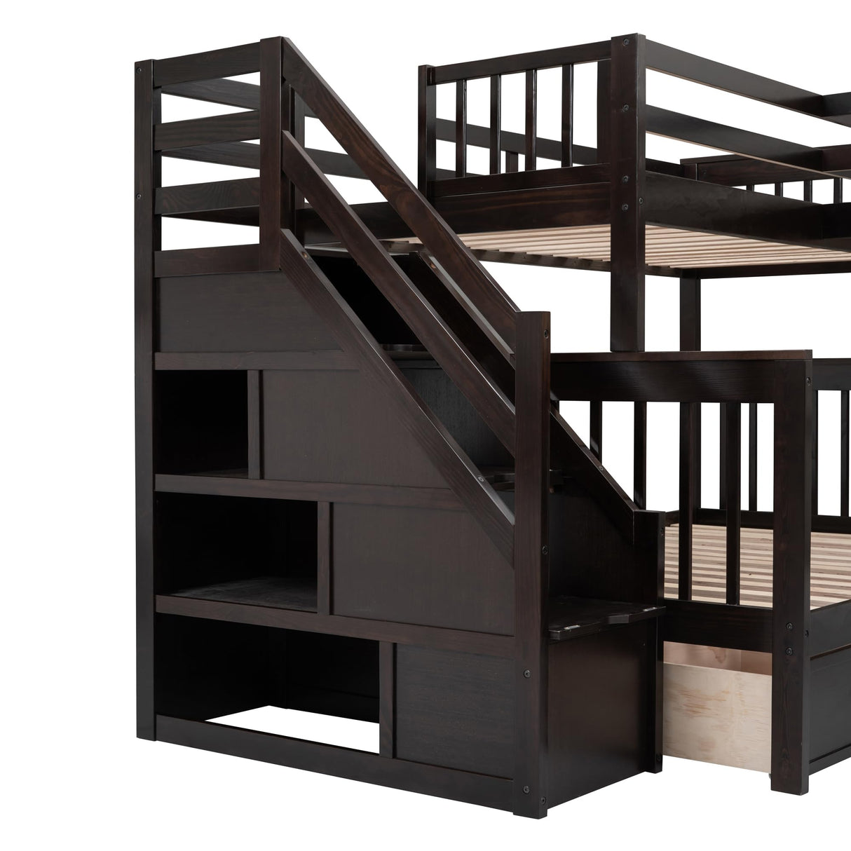L-Shaped Bunk Bed for 4 Kids, Twin-Twin Over Full with 3 Drawers, Portable Desk and Wardrobe, Solid Wood Bedframe with Stairs and Full-Length Guardrails, No Box Spring Needed (Espresso) BEDGJH