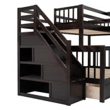 L-Shaped Bunk Bed for 4 Kids, Twin-Twin Over Full with 3 Drawers, Portable Desk and Wardrobe, Solid Wood Bedframe with Stairs and Full-Length Guardrails, No Box Spring Needed (Espresso) BEDGJH