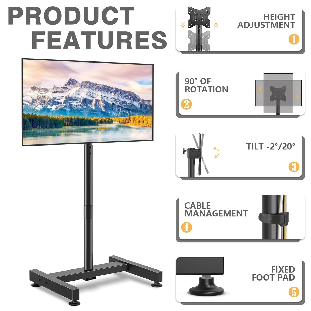 TVON TV Floor Stand for 13-50 inch LCD LED Flat/Curved Panel Screen TVs up to 44 lbs, Height Adjustable TV Stand Mount with VESA 200x200, Portable TV Stand for Bedroom, Dorm Room, Office TVON