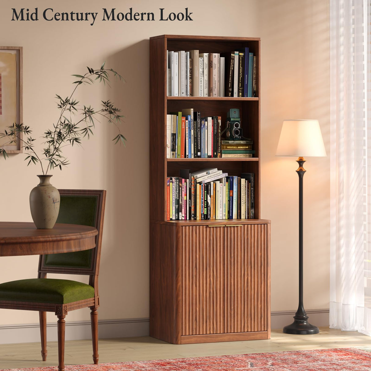 Hootata 71" Walnut Bookcase with Doors, 5 Tier Fluted Tall Bookshelf with Storage, Librero with Cabinet for Home Office, Living Room,or Bedroom Hootata