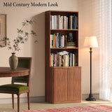 Hootata 71" Walnut Bookcase with Doors, 5 Tier Fluted Tall Bookshelf with Storage, Librero with Cabinet for Home Office, Living Room,or Bedroom Hootata