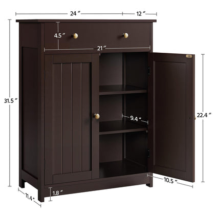 Yaheetech Bathroom Storage Cabinet with Drawer and Double Doors, Free-Standing Organizer with Inner Adjustable Shelf for Living Room, L24xW12xH31.5 in, Espresso