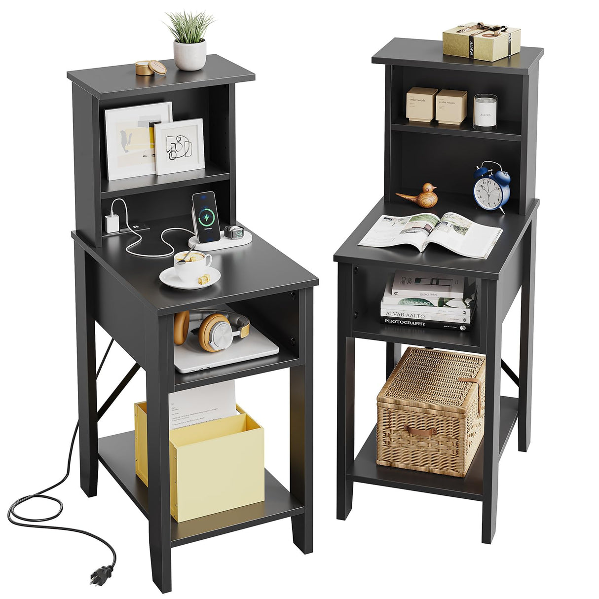 Bestier Tall Nightstand with Charging Station Set of 2, Bedside Table with Storage Cabinet & Shelves, Tall Side End Table for Bedroom, Black Bestier