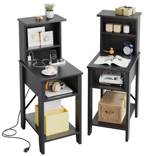 Bestier Tall Nightstand with Charging Station Set of 2, Bedside Table with Storage Cabinet & Shelves, Tall Side End Table for Bedroom, Black - WoodArtSupply