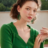 Handmade Bohemian Natural Wooden Leaf Dangle Drop Earrings Lightweight Vintage Hollow Feather Hook Earrings for Women Statement Boho Jewelry Gifts (Dark Green) SLSF