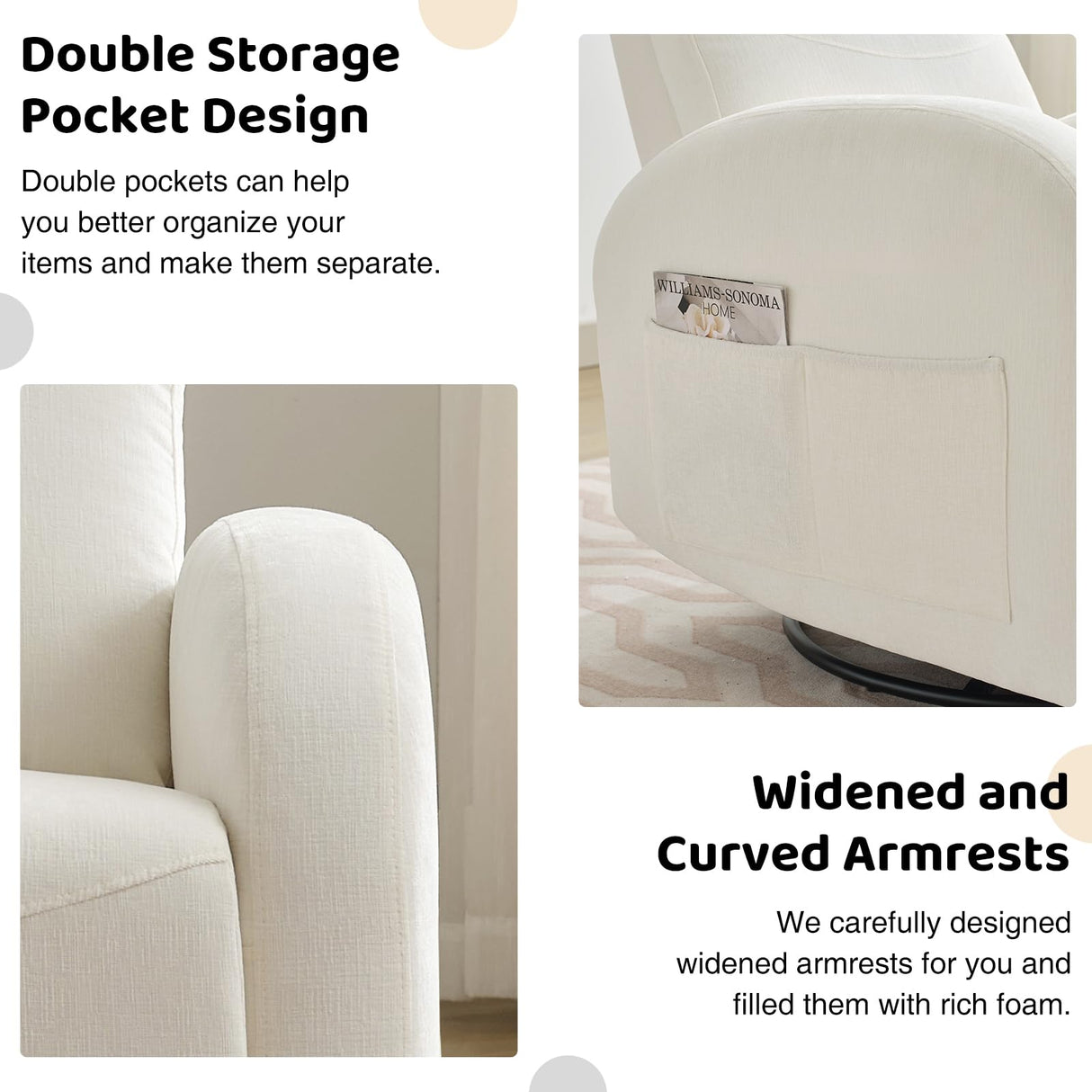 AEMEIOS Swivel Recliner Rocker Nursery, Chenille Nursering Glider Recliner, Manual Swivel Rocking Reclining with Double Pockets for Living Room, Cream White AEMEIOS