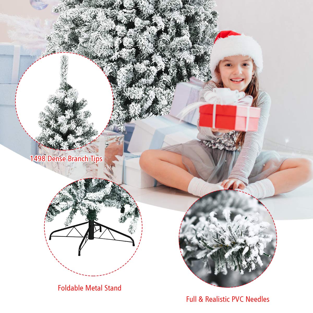 Goplus 9ft Pre-Lit Artificial Christmas Tree, Premium PVC Snow Flocked Hinged Pine Tree with Metal Stand and LED Lights, Perfect Xmas Decoration for Indoor and Outdoor