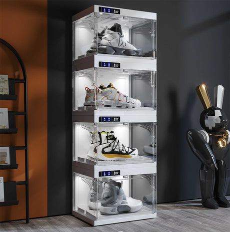 DGCZYXGL Clear Shoe Box with Smart Control Doors and LED Lights, Clear Shoe Storage Boxes Stackable, Sneaker Boxes, Shoe Display Case, Shoe Storage for Closet, Entryway (4 Pcs) DGCZYXGL