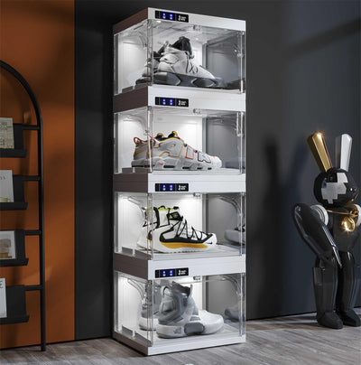 DGCZYXGL Clear Shoe Box with Smart Control Doors and LED Lights, Clear Shoe Storage Boxes Stackable, Sneaker Boxes, Shoe Display Case, Shoe Storage for Closet, Entryway (4 Pcs)