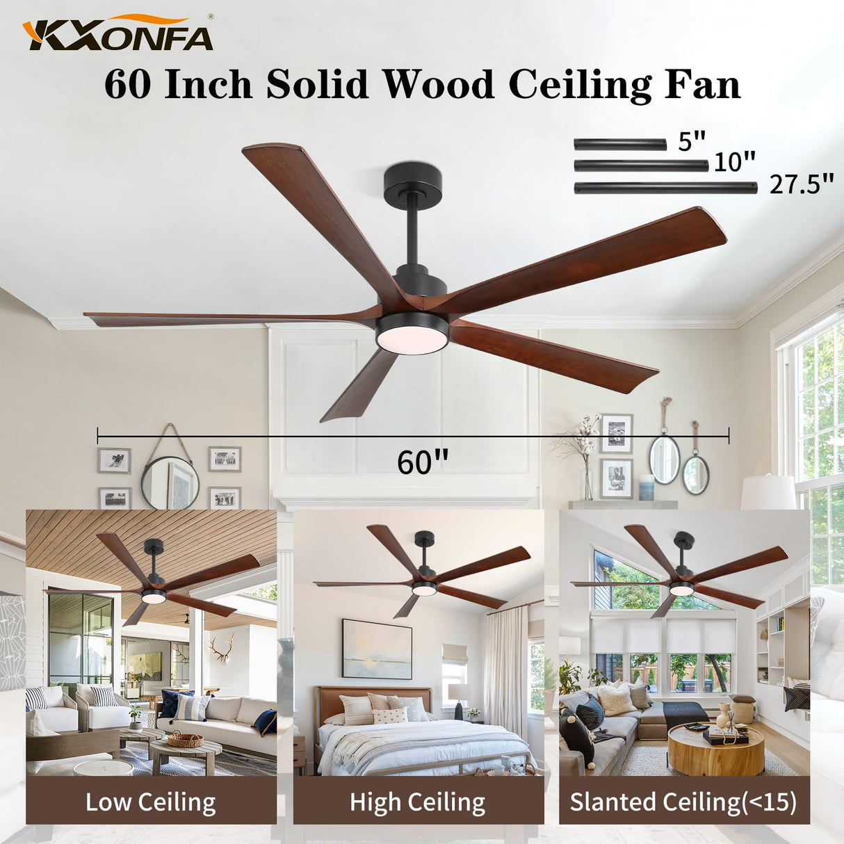 YKXONFA Ceiling Fans with Lights, Ceiling Fans with Lights and Remote,60 inch Modern Smart Ceiling Fan with Light for Patio Living Room, Bedroom, Office, Summer House (dark walnut, 60) YKXONFA