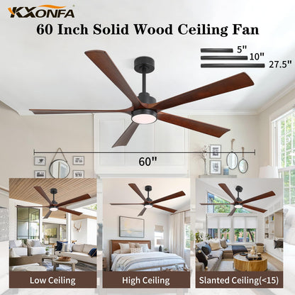 YKXONFA Ceiling Fans with Lights, Ceiling Fans with Lights and Remote,60 inch Modern Smart Ceiling Fan with Light for Patio Living Room, Bedroom, Office, Summer House (dark walnut, 60)