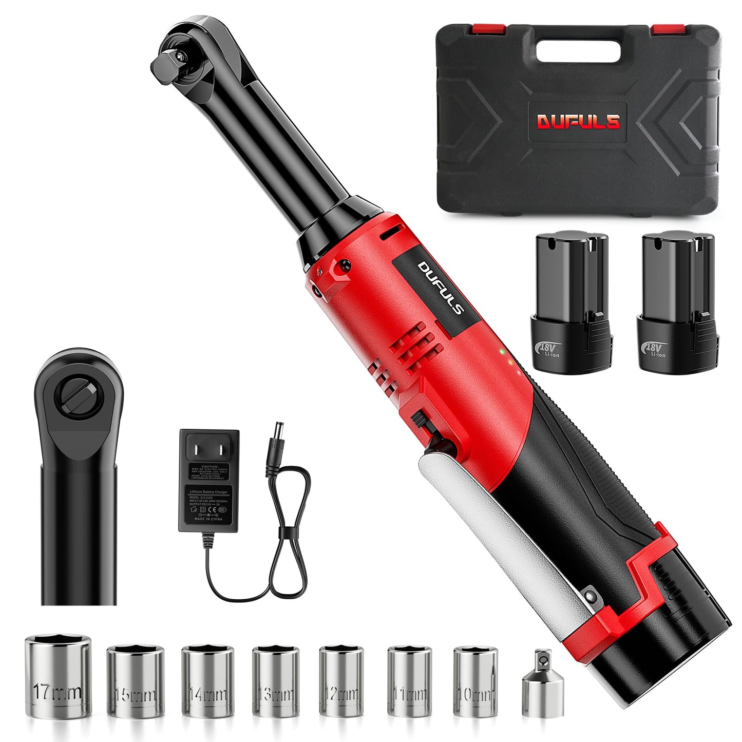 Dufuls 3/8" 18V Extended Cordless Ratchet Wrench, 550RPM 40 Ft-Lbs 4 Inch Electric Ratchet Driver with 2Pcs 2000 mAh Batteries & Charger, Battery Powered Ratchet Wrenches with 8 Sockets - WoodArtSupply