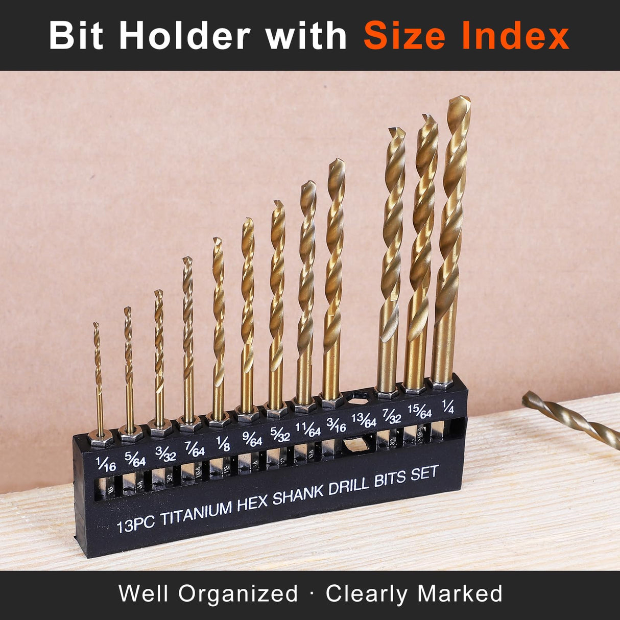 COMOWARE Titanium Twist Drill Bit Set - 16 Pcs Hex Shank High Speed Steel for Wood Plastic Aluminum Alloy, Quick Change, 1/16"-1/4" COMOWARE