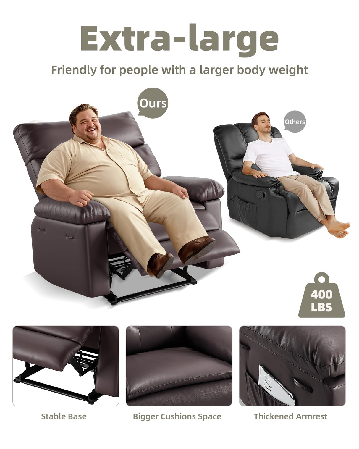 GarveeHome Oversized Recliner Chair - Faux PU Leather Manual Recliner for Adults, Lazy Chair with 1.5X Sponge Comfort Arm and Back for Living Room, Bedroom GarveeHome