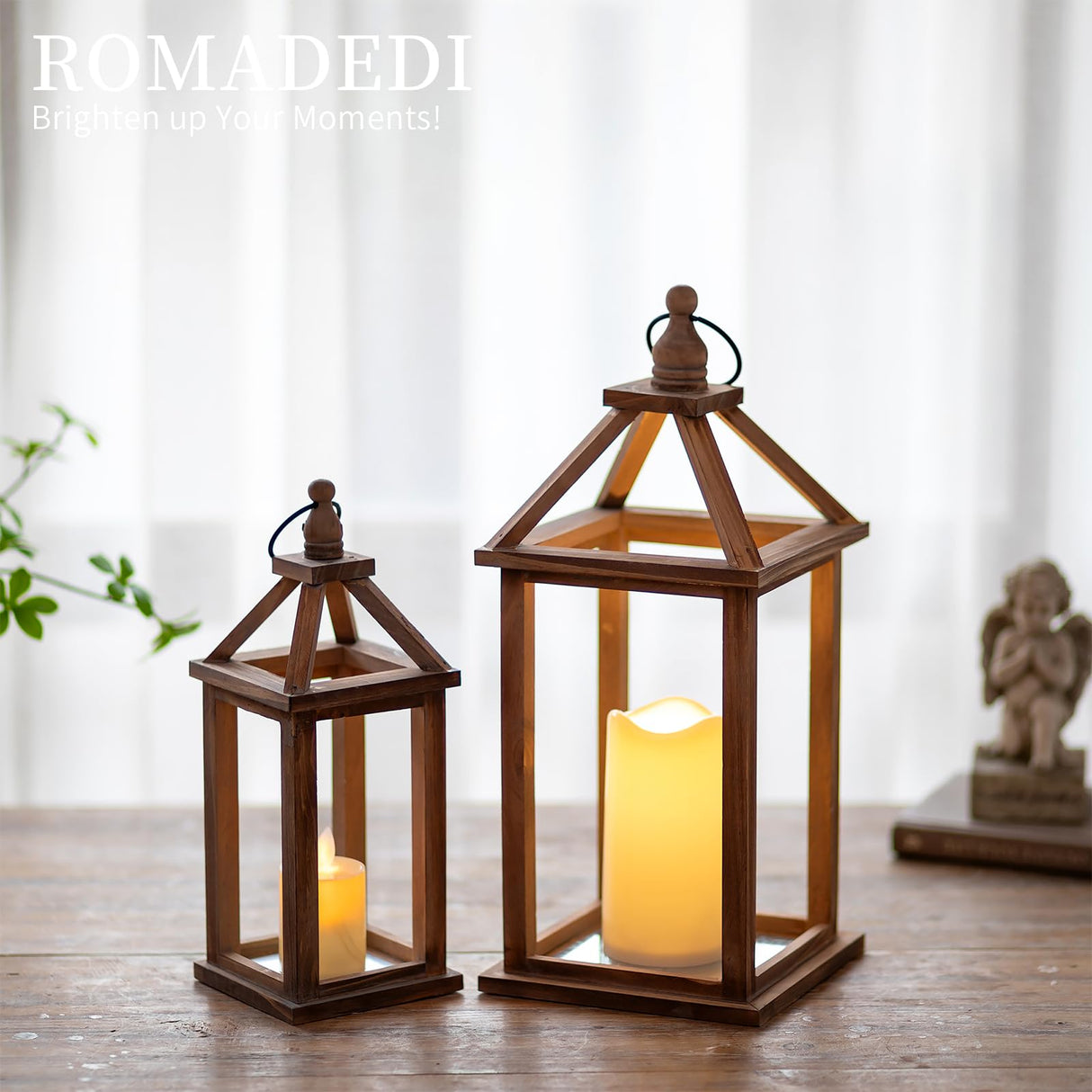 Romadedi Farmhouse Wood Candle Lantern - 12" / 16" Set of 2 Rustic Wooden Lanterns Decorative Candle Holder Home Decor Wedding Table Centerpiece Indoor Outdoor Fireplace Decorations, Brown Romadedi