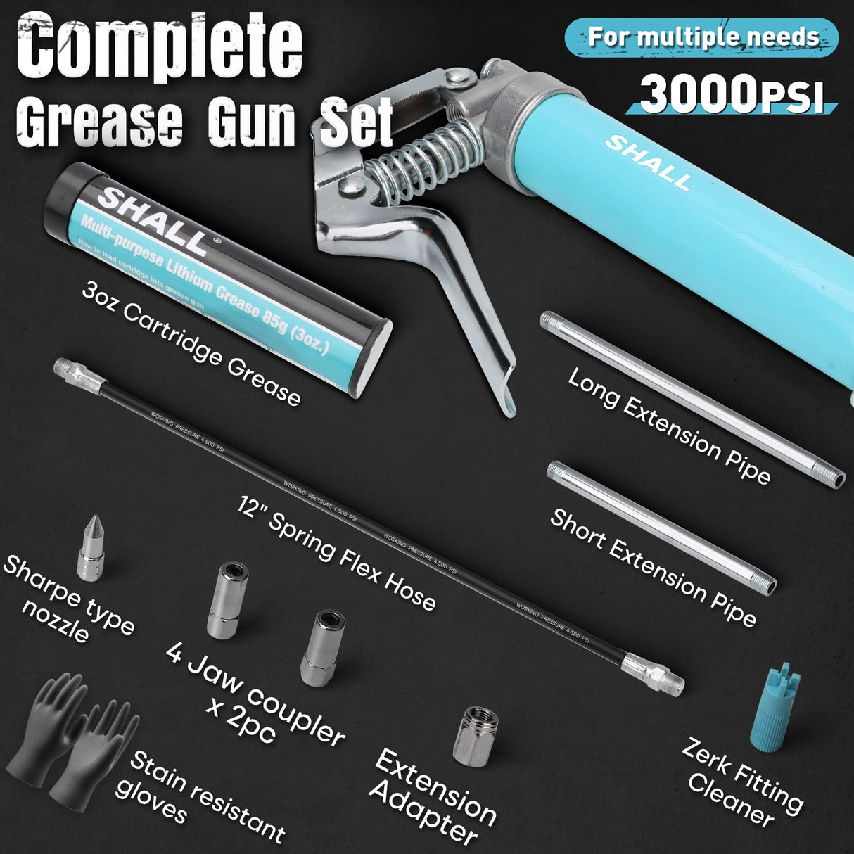 SHALL Mini Grease Gun, Small Grease Gun Kit (3.52OZ Capacity, 3000PSI) with 2PCS 4-Jaw couplers, Sharp Nozzle, Extension Adapter, 3OZ Cartridge Grease, Reinforced PVC Glove & Zerk Fitting Cleaner SHALL