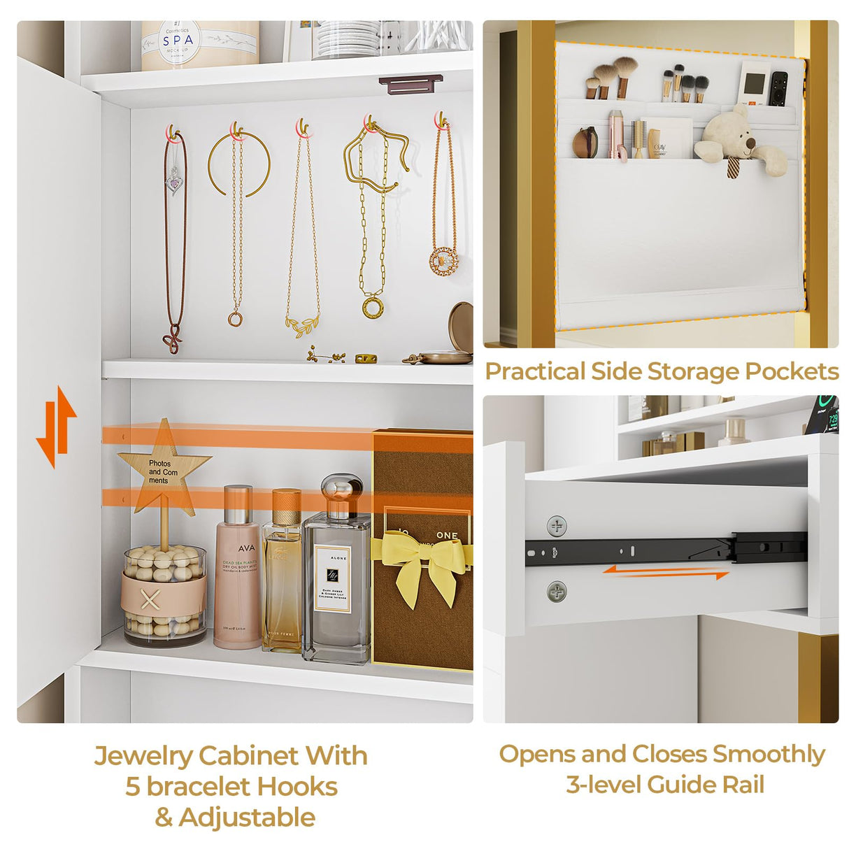 DICTAC Vanity Desk with Mirror and Lights, with Power Outlets, Makeup Vanity Table with 3 Dimmable LED Lights, 4 Drawers and Cabinets Storage, Modern Vanity Desk for Bedroom, White DICTAC