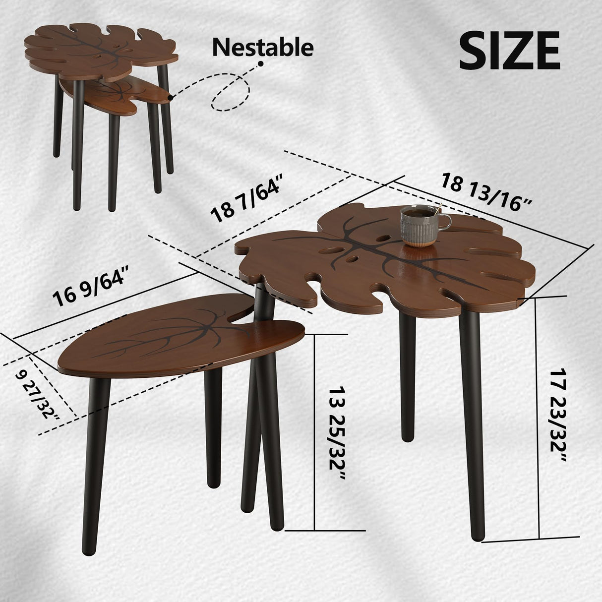 BAMEOS Monstera Leaf Nesting Tables Set of 2, Small Side Tables f Set with Leaf Vein Pattern, Modern Wooden CoffeeTables for Living Room Bedroom Apartment Balcony Yard BAMEOS