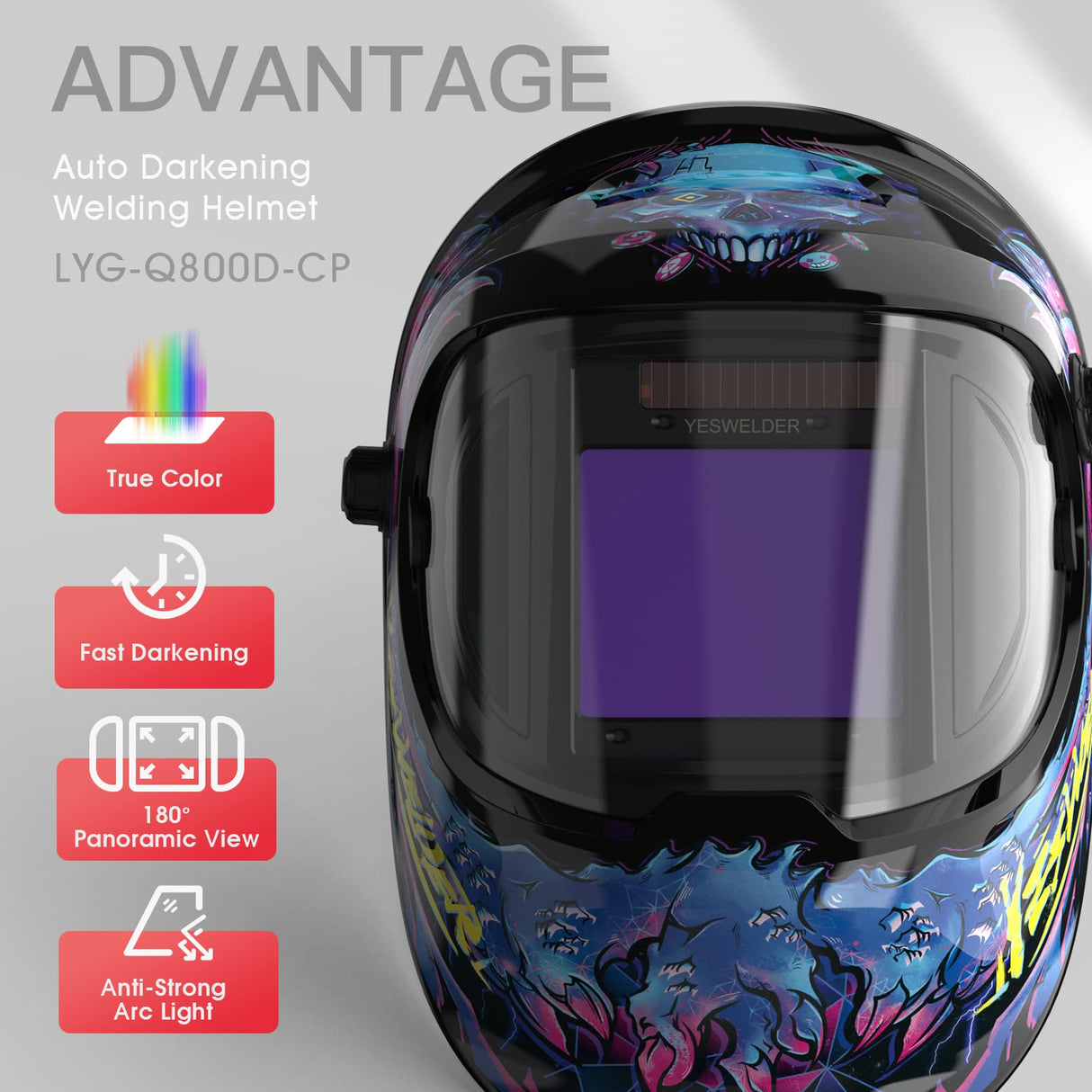 YESWELDER Large Viewing True Color Solar Powered Auto Darkening Welding Helmet with SIDE VIEW, 4 Arc Sensor Wide Shade 4/5-9/9-13 Welder Mask for TIG MIG ARC Grinding Plasma LYG-Q800D-CP YESWELDER