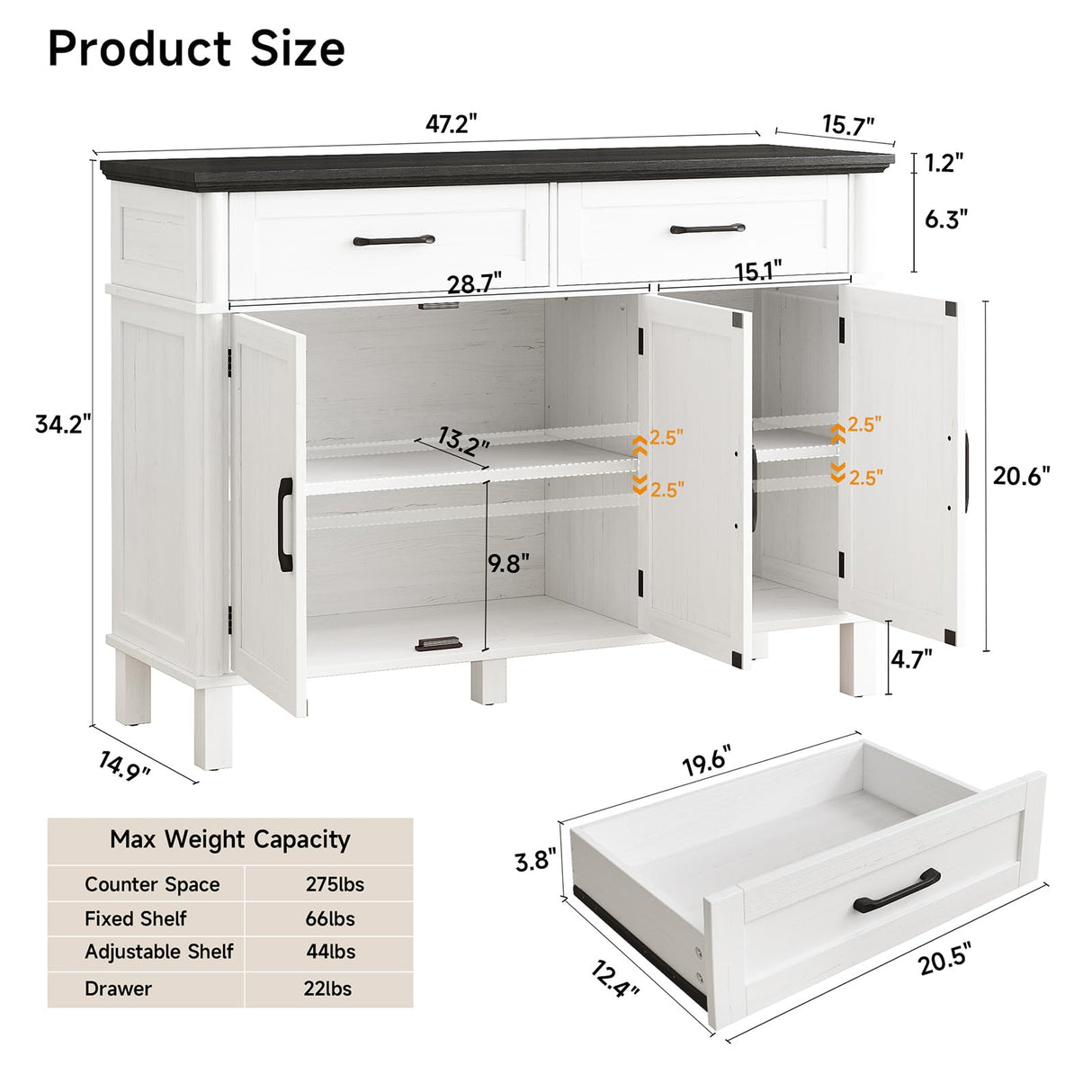 48 Inches Buffet Cabinet with Storage, Farmhouse Sideboard Buffet w/2 Drawers and 3 Doors, Wood Coffee Bar Cabinet with Adjustable Shelves, Sideboard Storage for Kitchen, Living Room, Off White&Black ONBRILL