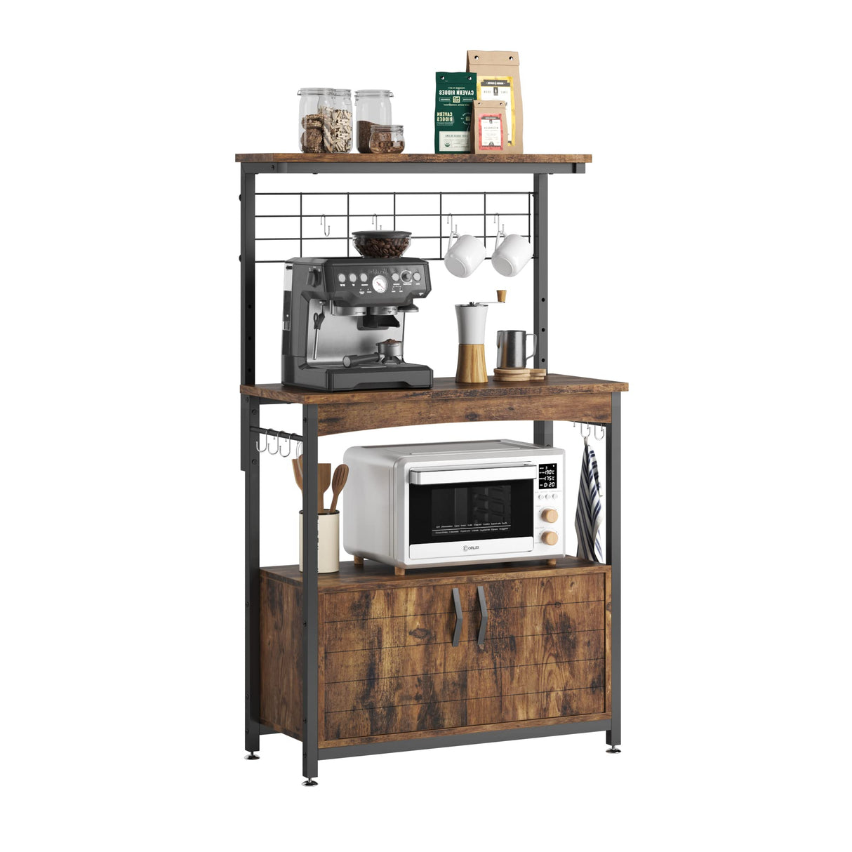 Bestier Bakers Racks with Storage Cabinet, Height-Adjustable 45" to 55" Microwave Stand for Kitchen with Wheels & Feet, Industrial Rolling Coffee Bar Shelf with 10 S-Hooks Rustic Brown Bestier