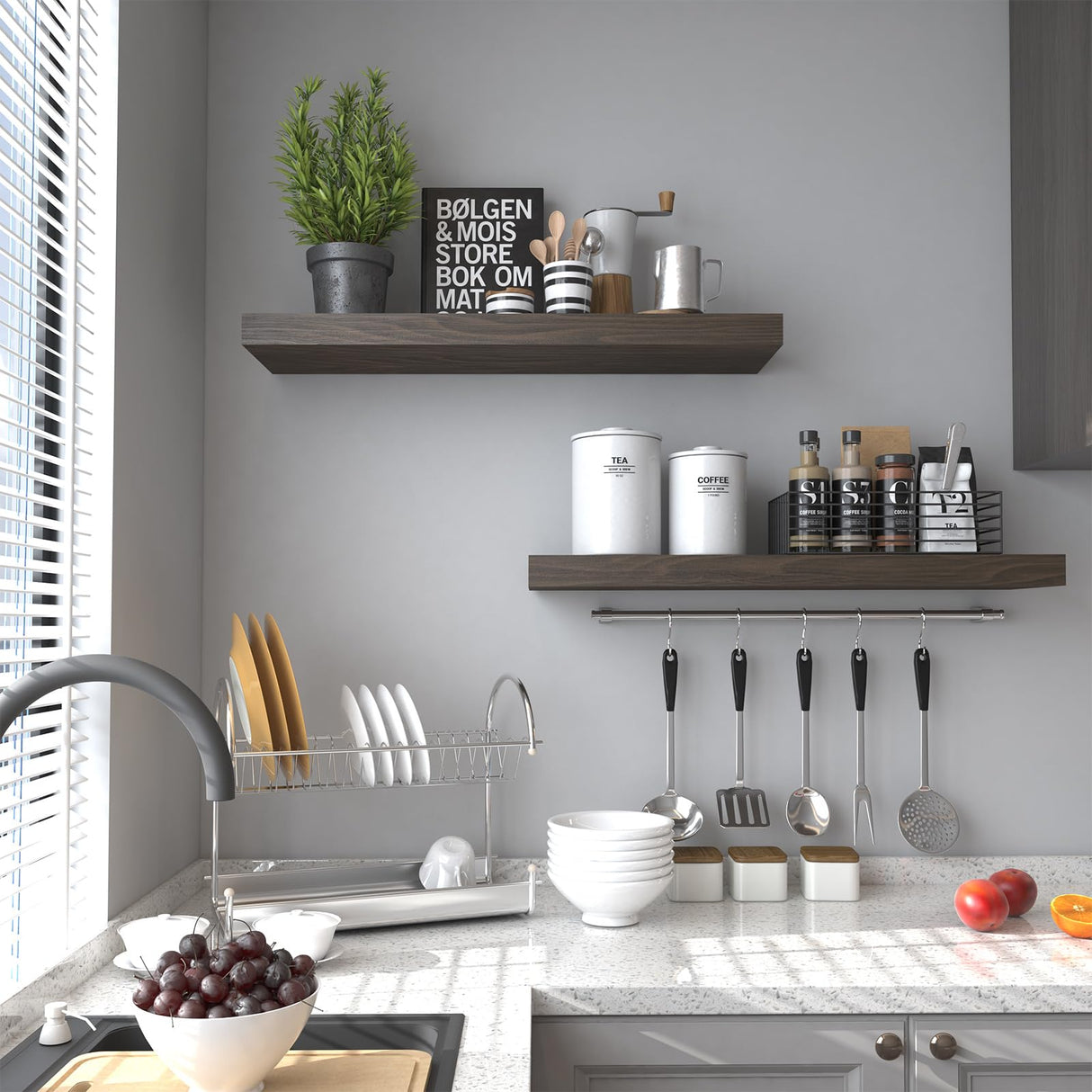 PopiShelves Floating Shelves for Wall- 17 Inch Natural Wood Shelves for Bathroom, Bedroom, Kitchen Decor, Farmhouse Decor Set of 2, Rustic Brown PopiShelves