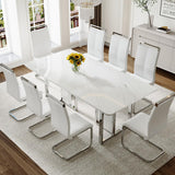 MEMUY 79" Modern Dining Table Set for 8,Faux Marble Dining Room Table Top with Silver Metal Pedestal, Glossy White Kitchen Room Table Set for 8-10 Person,Dining Room Table with 8 White Chairs MEMUY
